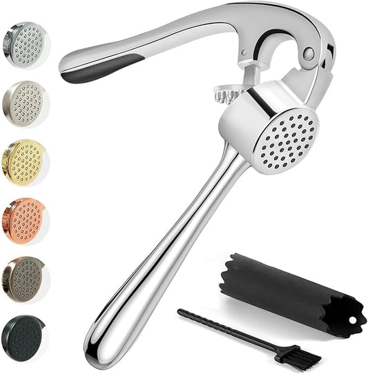 KITESSENSU Premium Garlic Press Set – Stainless Steel Garlic Mincer with Silicone Peeler & Cleaning Brush, Rust-Proof, Dishwasher Safe Ginger Crusher