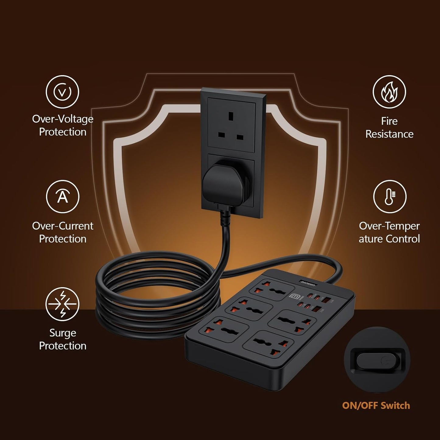 DANEEN Power Strip with 5 AC Outlets, 2 USB-A & 4 USB-C PD Ports – Surge Protector with 5m Heavy-Duty Extension Cord, Overload Protection, Wall-Mountable Multi-Plug (Black)