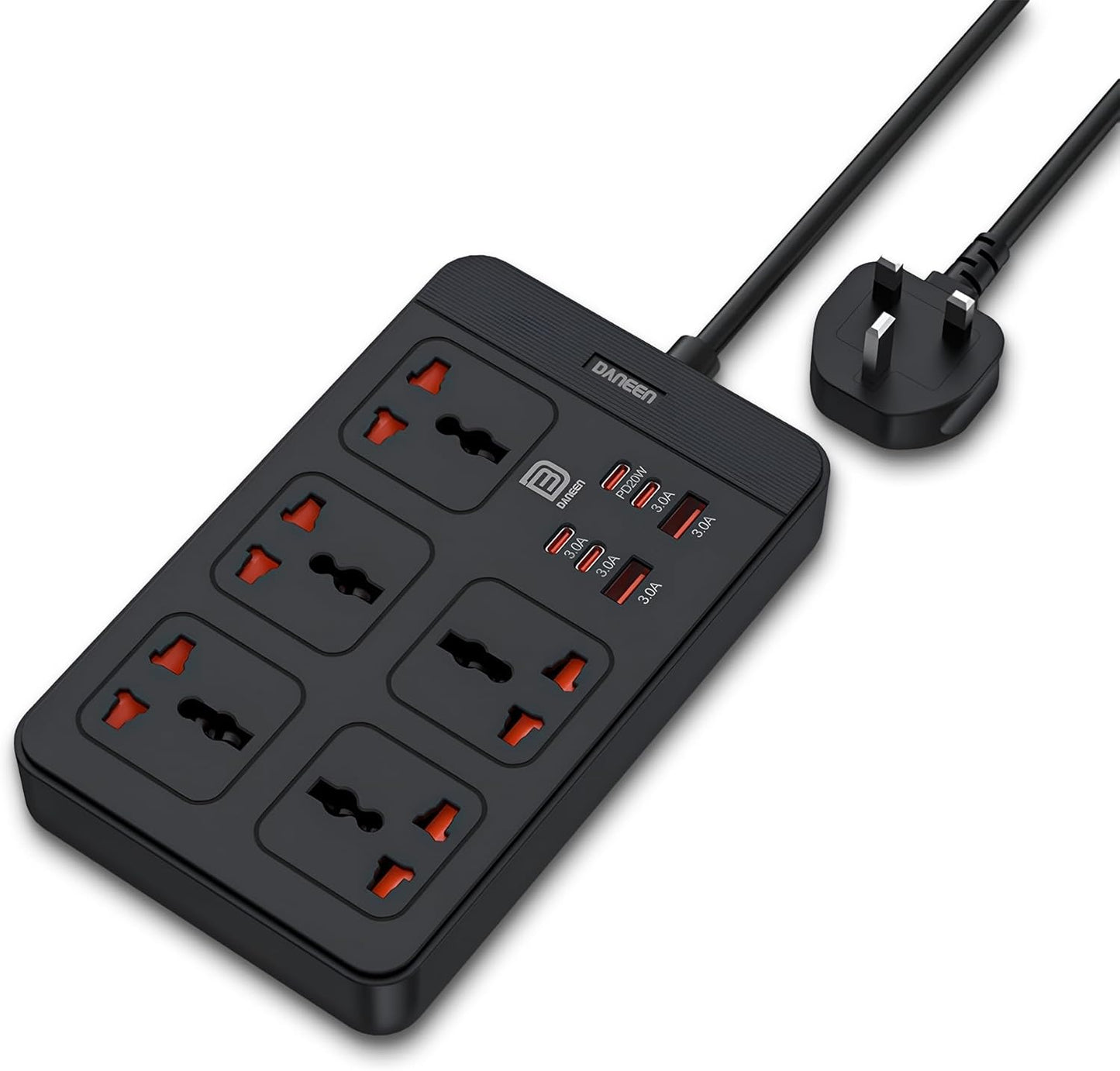 DANEEN Power Strip with 5 AC Outlets, 2 USB-A & 4 USB-C PD Ports – Surge Protector with 5m Heavy-Duty Extension Cord, Overload Protection, Wall-Mountable Multi-Plug (Black)