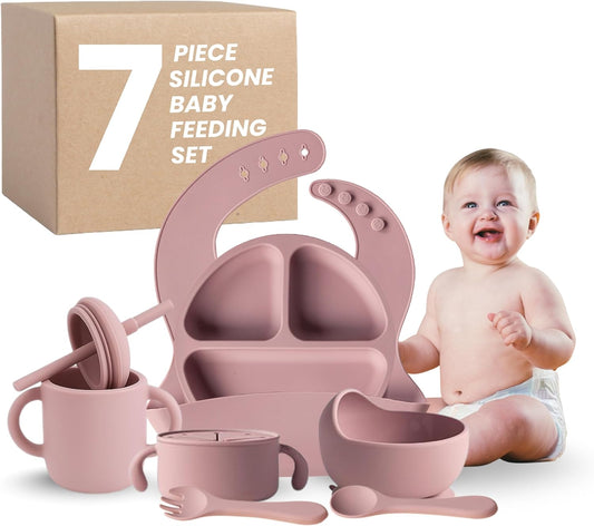 Premium 7-Piece Silicone Baby Feeding Set – Baby-Led Weaning Kit with Suction Plate & Bowl, Snack Cup, Straw Cup, Bib & Utensils | BPA-Free, Microwave & Dishwasher Safe | Pale Mauve
