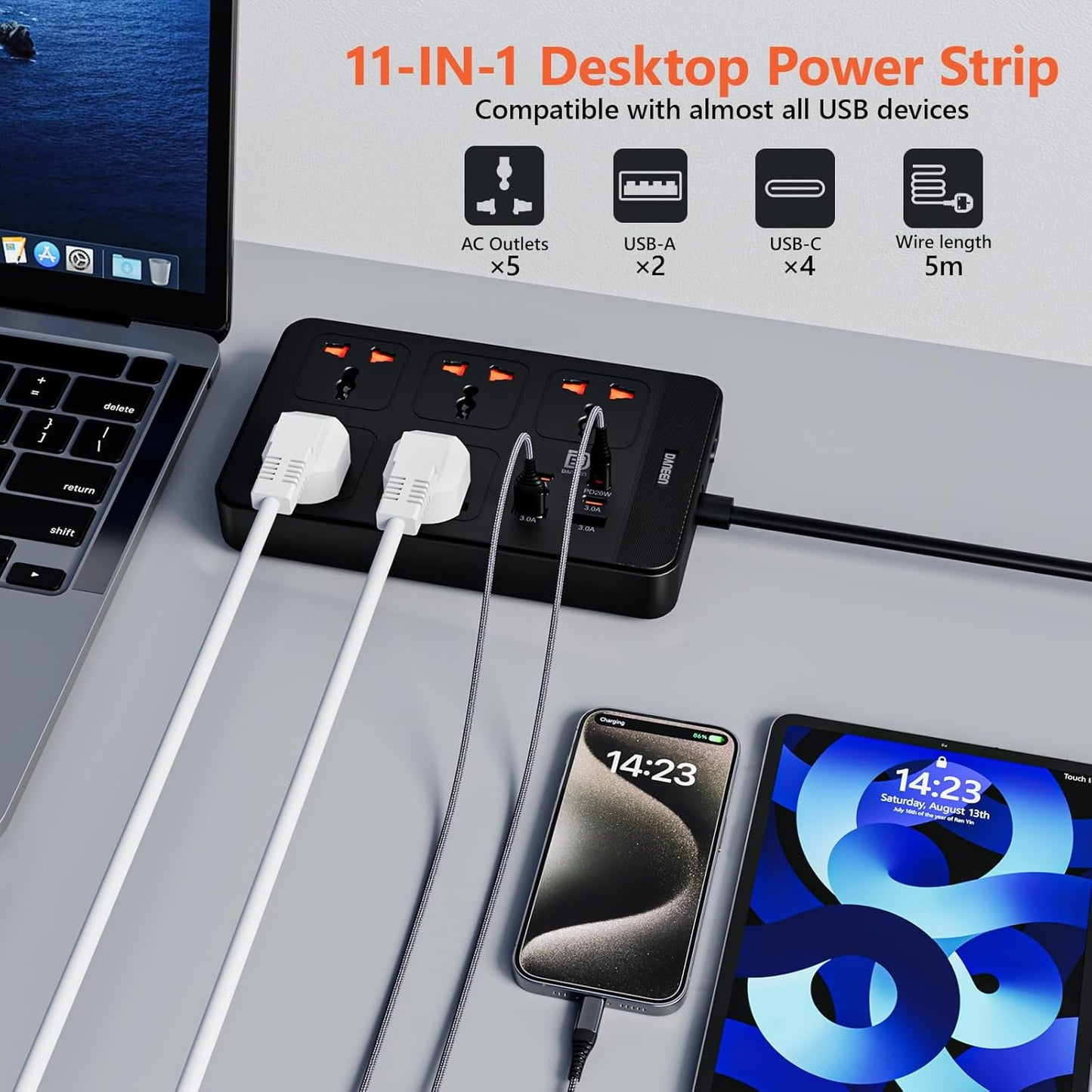 DANEEN Power Strip with 5 AC Outlets, 2 USB-A & 4 USB-C PD Ports – Surge Protector with 5m Heavy-Duty Extension Cord, Overload Protection, Wall-Mountable Multi-Plug (Black)