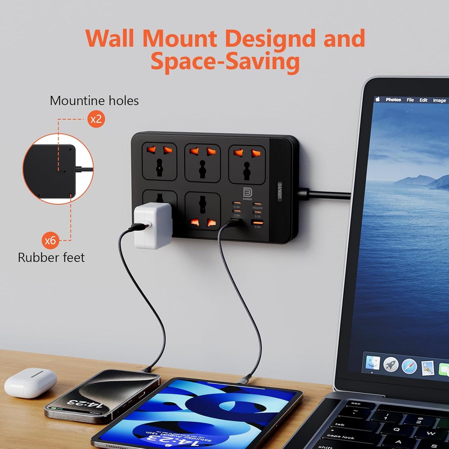 DANEEN Power Strip with 5 AC Outlets, 2 USB-A & 4 USB-C PD Ports – Surge Protector with 5m Heavy-Duty Extension Cord, Overload Protection, Wall-Mountable Multi-Plug (Black)