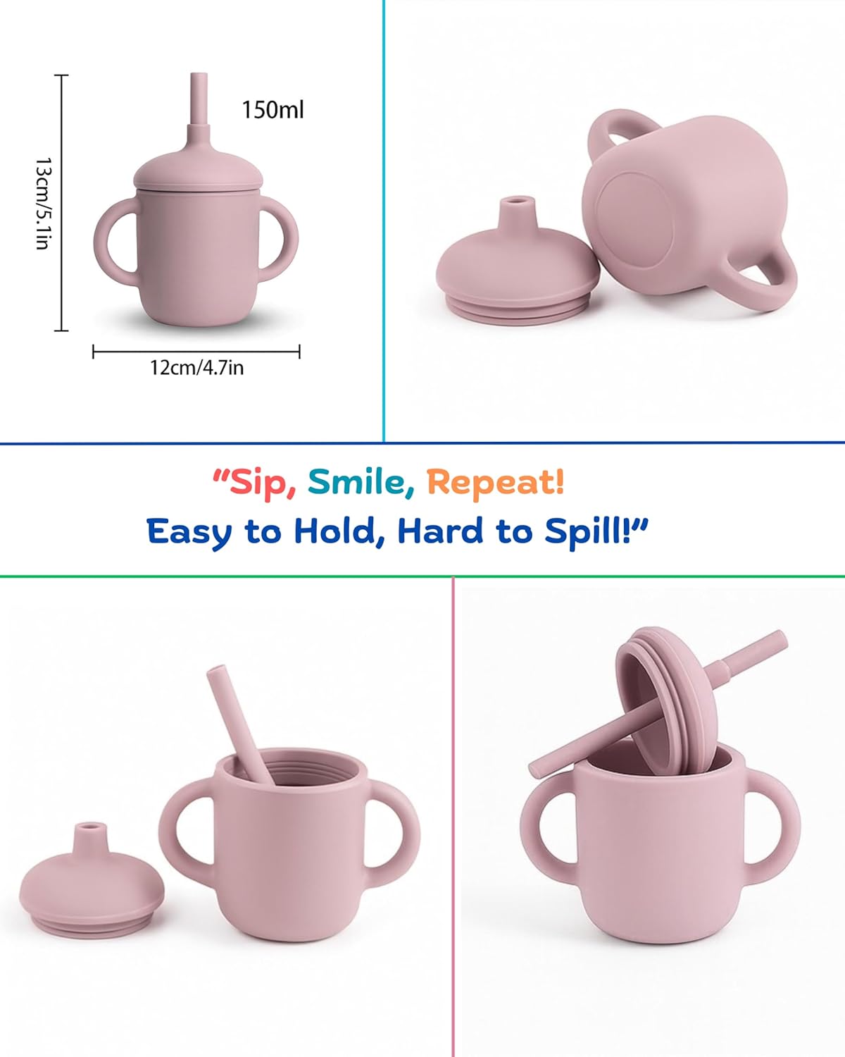 Premium 7-Piece Silicone Baby Feeding Set – Baby-Led Weaning Kit with Suction Plate & Bowl, Snack Cup, Straw Cup, Bib & Utensils | BPA-Free, Microwave & Dishwasher Safe | Pale Mauve