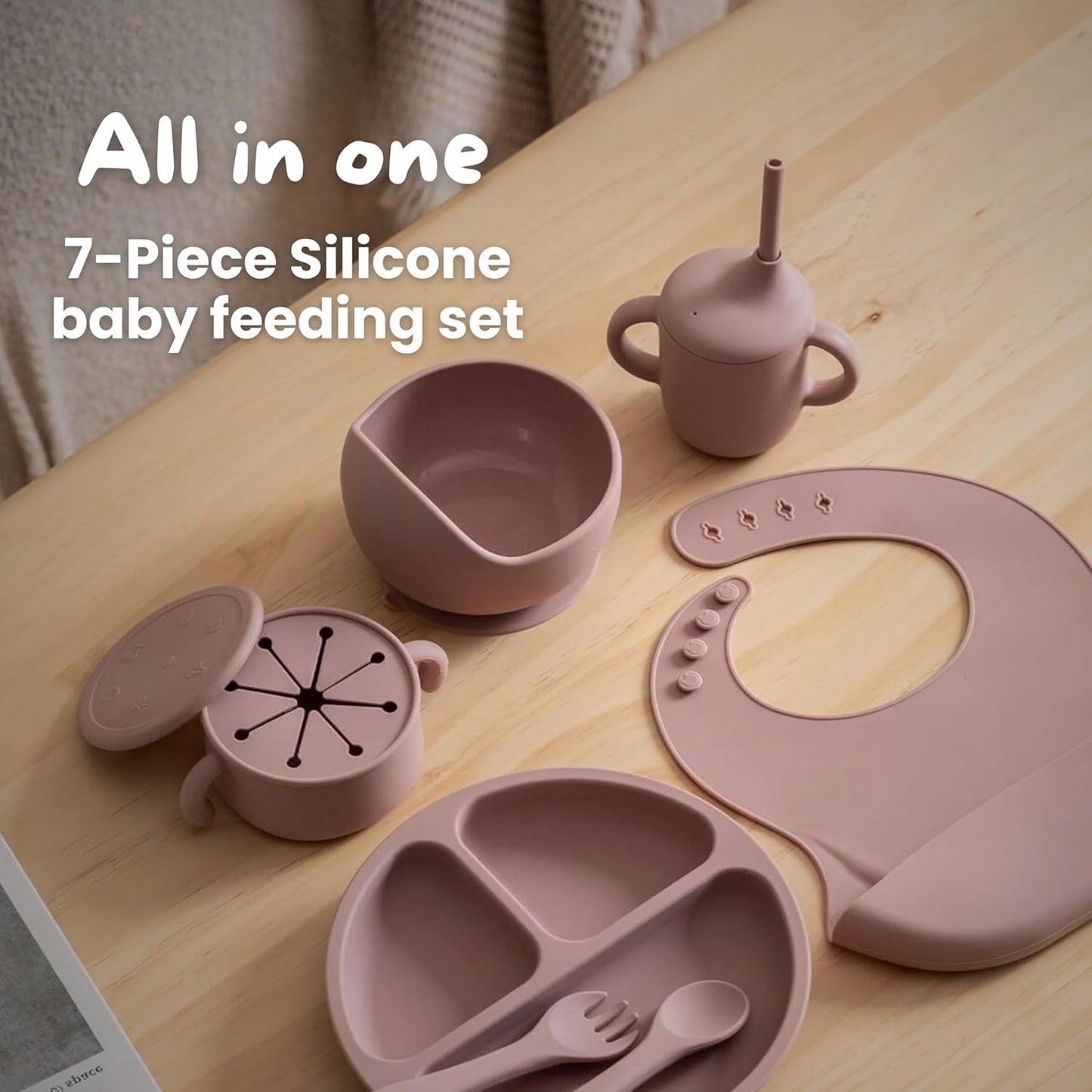 Premium 7-Piece Silicone Baby Feeding Set – Baby-Led Weaning Kit with Suction Plate & Bowl, Snack Cup, Straw Cup, Bib & Utensils | BPA-Free, Microwave & Dishwasher Safe | Pale Mauve