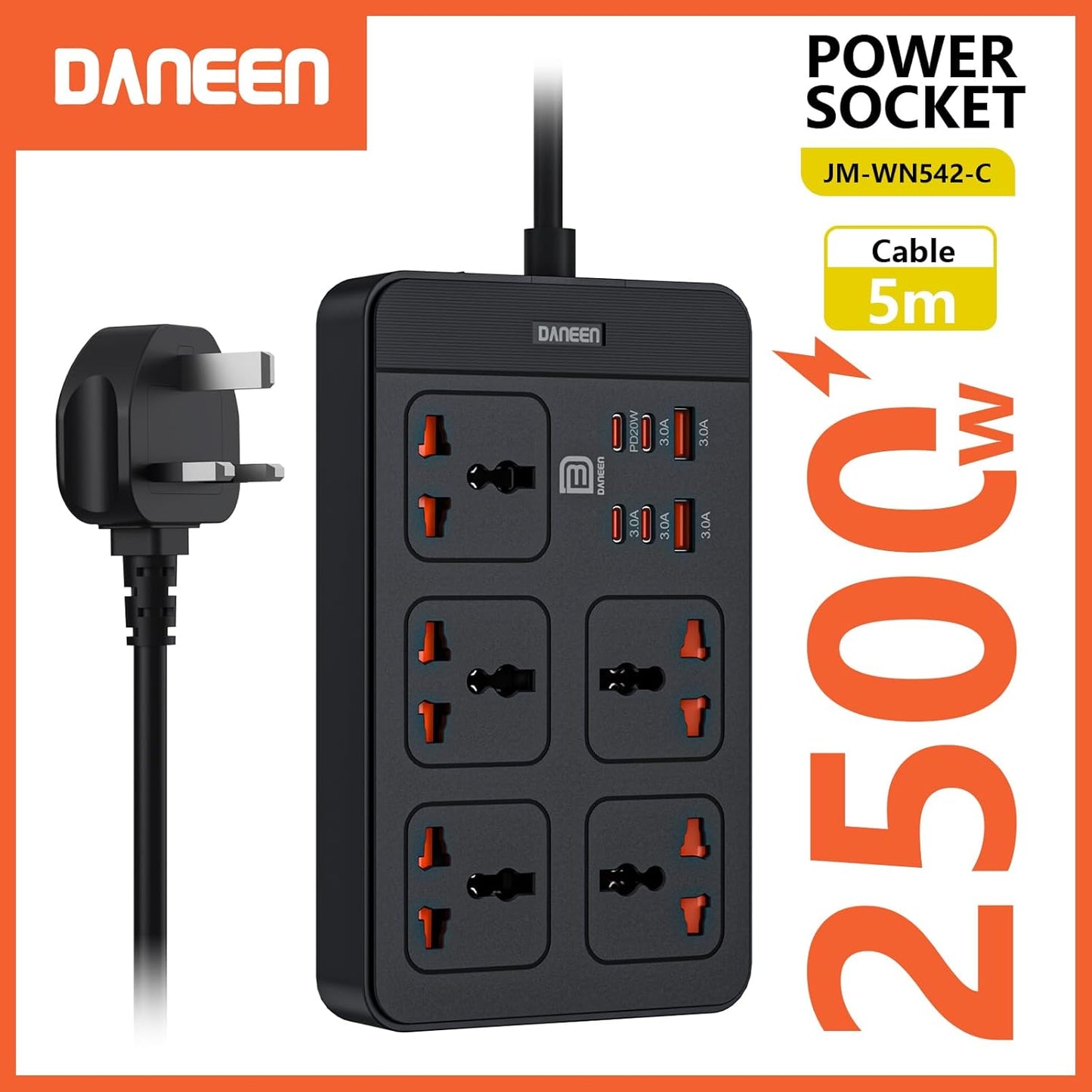 DANEEN Power Strip with 5 AC Outlets, 2 USB-A & 4 USB-C PD Ports – Surge Protector with 5m Heavy-Duty Extension Cord, Overload Protection, Wall-Mountable Multi-Plug (Black)