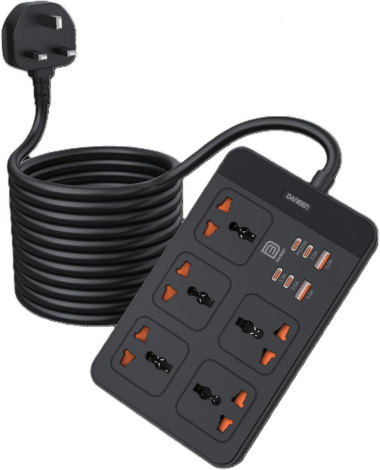 DANEEN Power Strip with 5 AC Outlets, 2 USB-A & 4 USB-C PD Ports – Surge Protector with 5m Heavy-Duty Extension Cord, Overload Protection, Wall-Mountable Multi-Plug (Black)