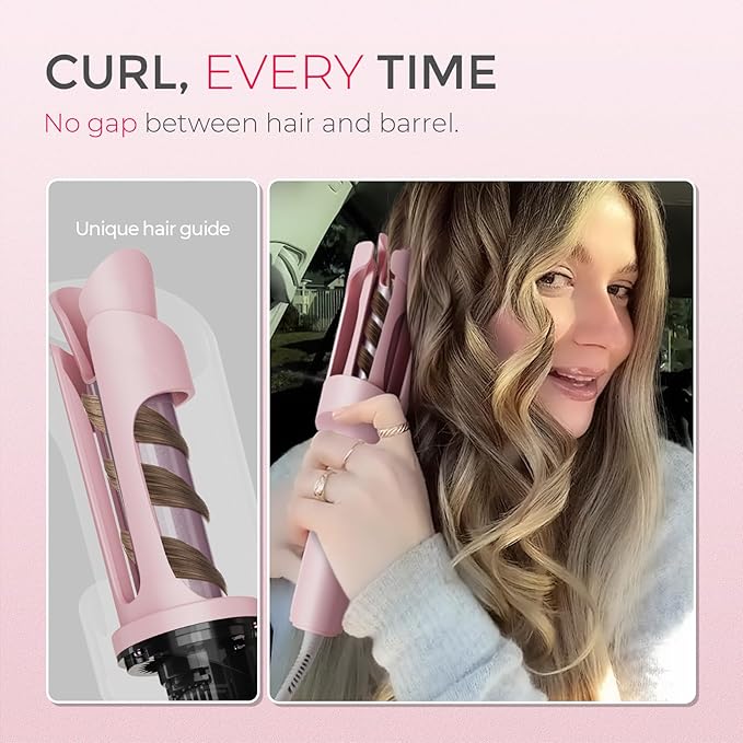 TYMO Automatic Rotating Curling Iron 25mm – CURLPRO Beach Waves Curling Wand, Ionic Ceramic Hair Curler, Dual Voltage, Lightweight Travel Curler (Pink)
