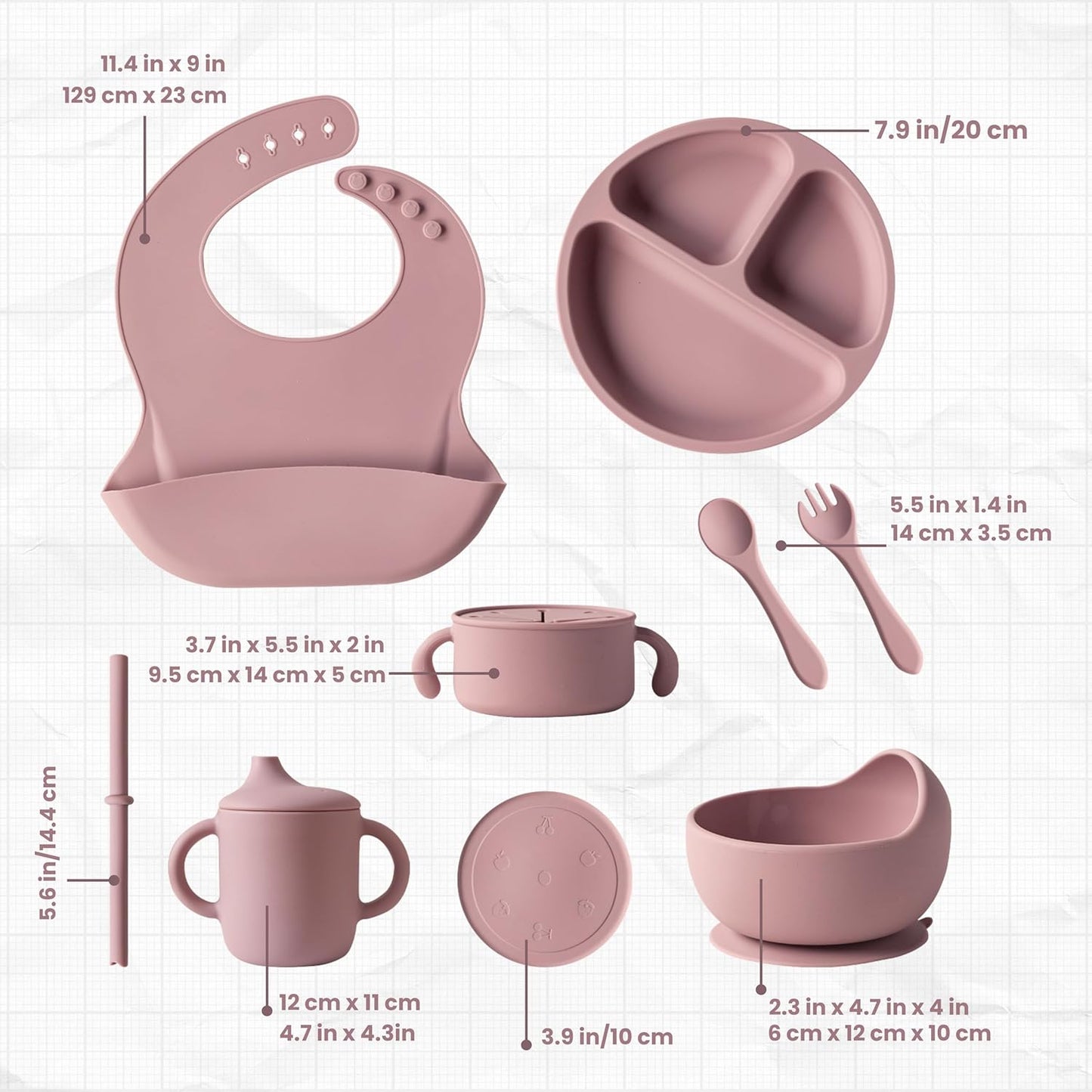 Premium 7-Piece Silicone Baby Feeding Set – Baby-Led Weaning Kit with Suction Plate & Bowl, Snack Cup, Straw Cup, Bib & Utensils | BPA-Free, Microwave & Dishwasher Safe | Pale Mauve