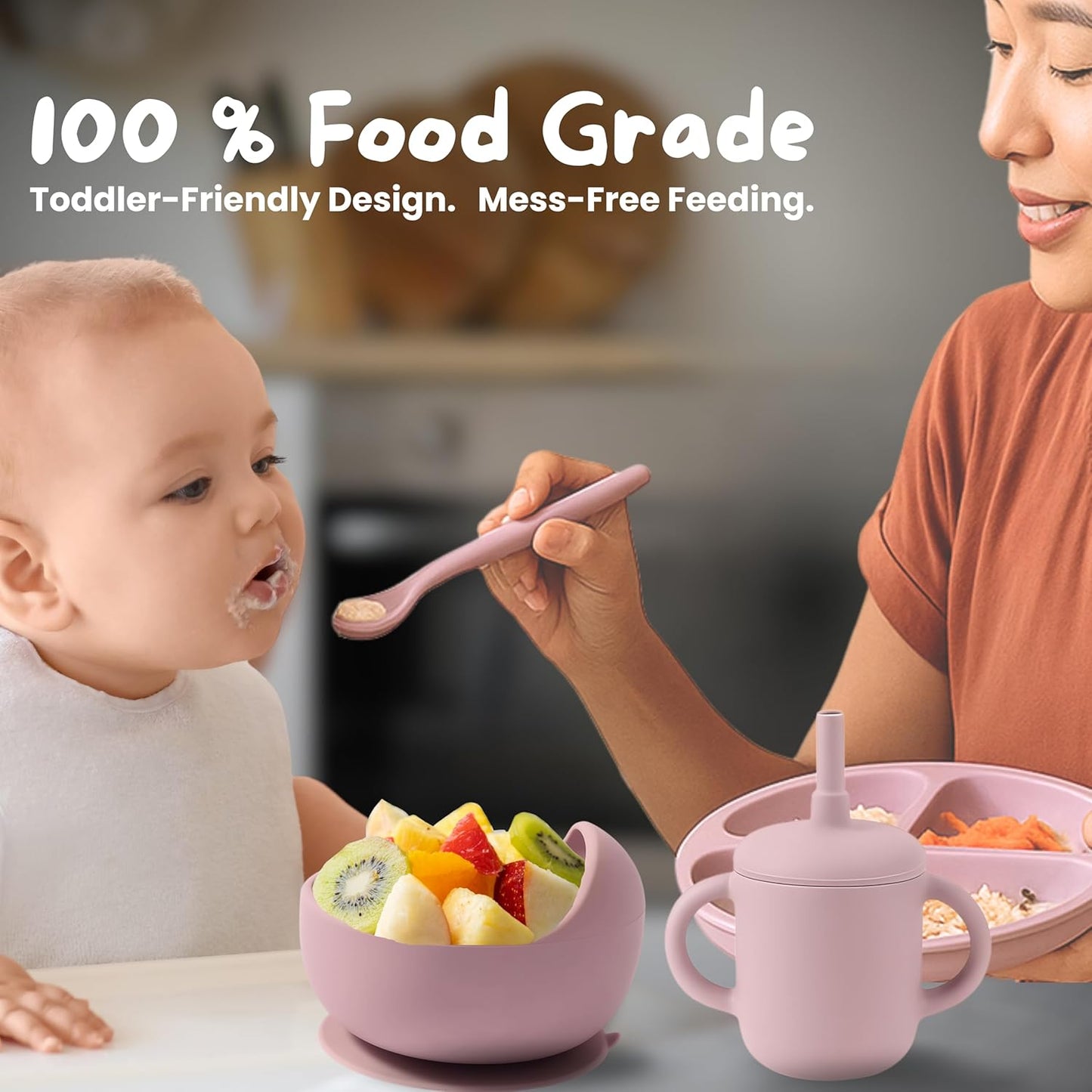 Premium 7-Piece Silicone Baby Feeding Set – Baby-Led Weaning Kit with Suction Plate & Bowl, Snack Cup, Straw Cup, Bib & Utensils | BPA-Free, Microwave & Dishwasher Safe | Pale Mauve