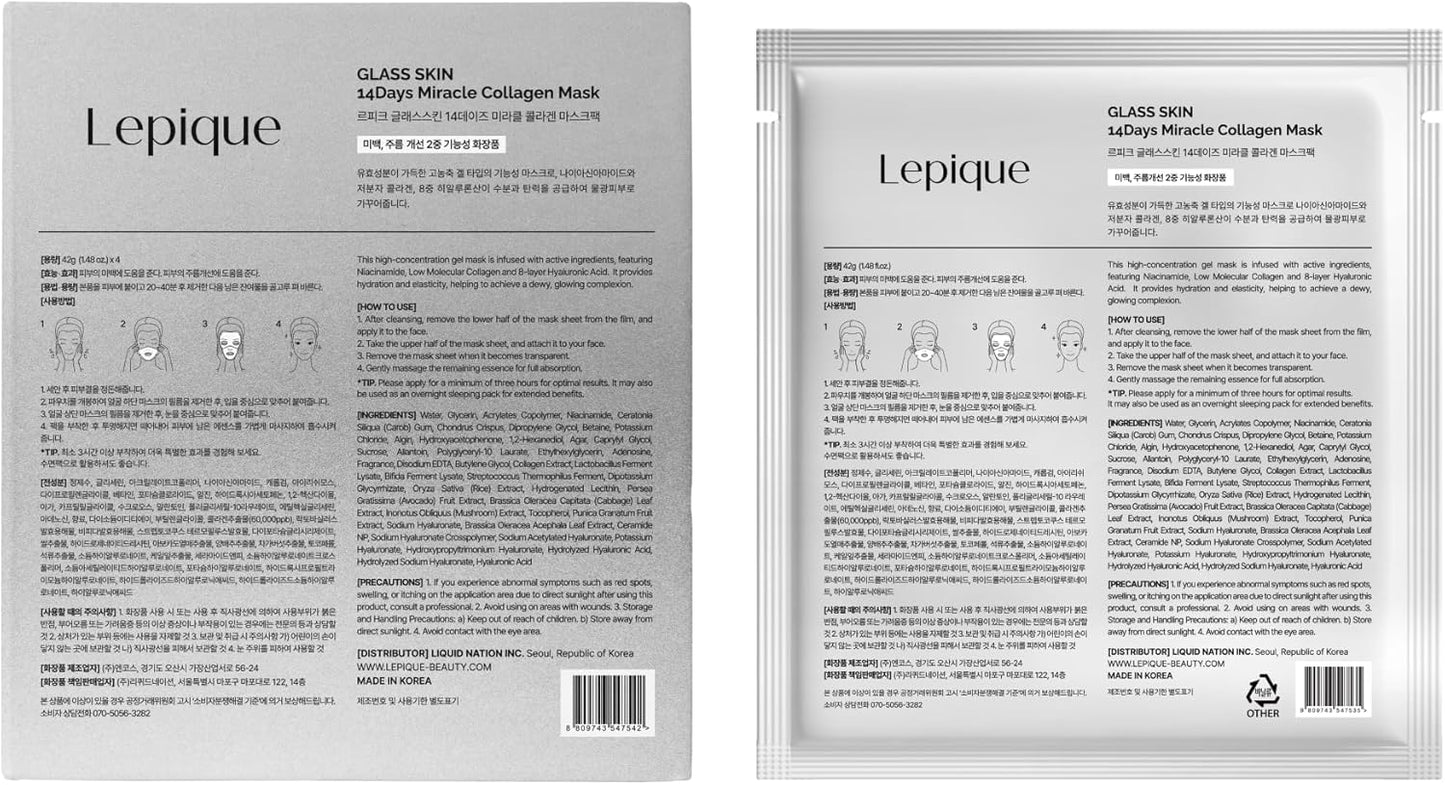 Lepique Luxury Spa-Grade Collagen Overnight Mask (4 Sheets) – Authentic Korean Hydrating Sheet Mask with Hyaluronic Acid & Niacinamide for Radiant Skin