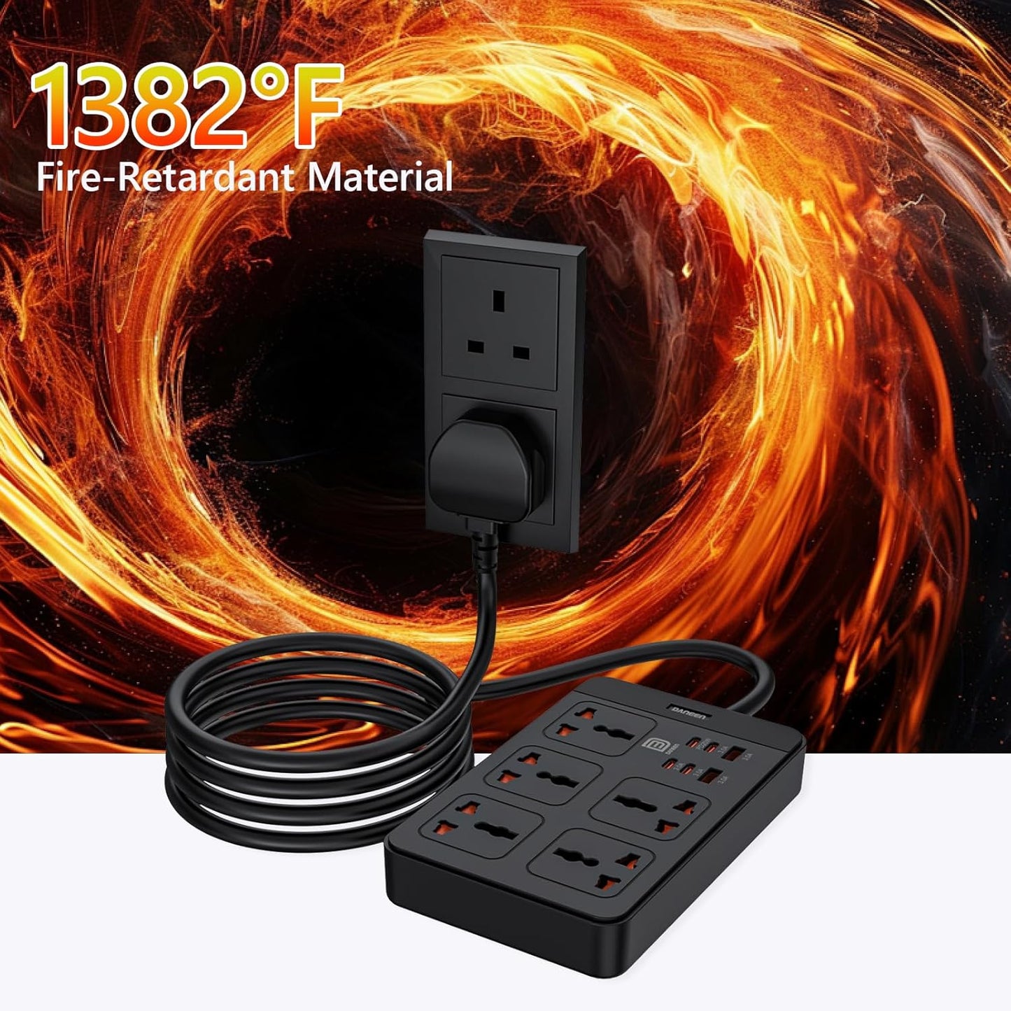 DANEEN Power Strip with 5 AC Outlets, 2 USB-A & 4 USB-C PD Ports – Surge Protector with 5m Heavy-Duty Extension Cord, Overload Protection, Wall-Mountable Multi-Plug (Black)