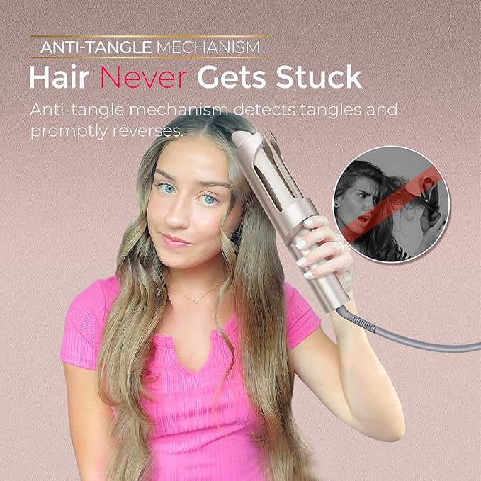 TYMO Automatic Rotating Curling Iron 25mm – CURLPRO Beach Waves Curling Wand, Ionic Ceramic Hair Curler, Dual Voltage, Lightweight Travel Curler (Pink)